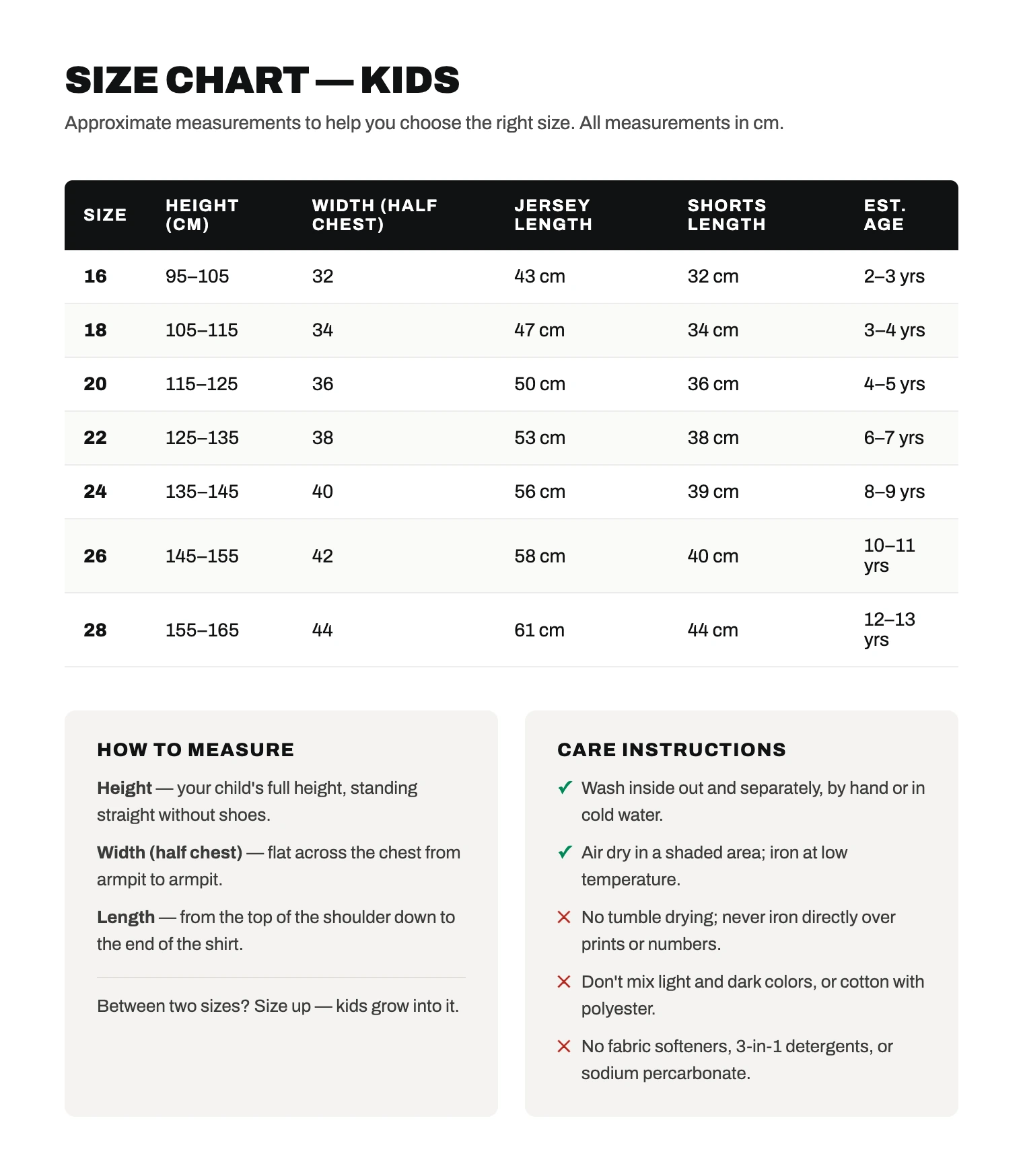 Kids size chart with measurements in centimetres
