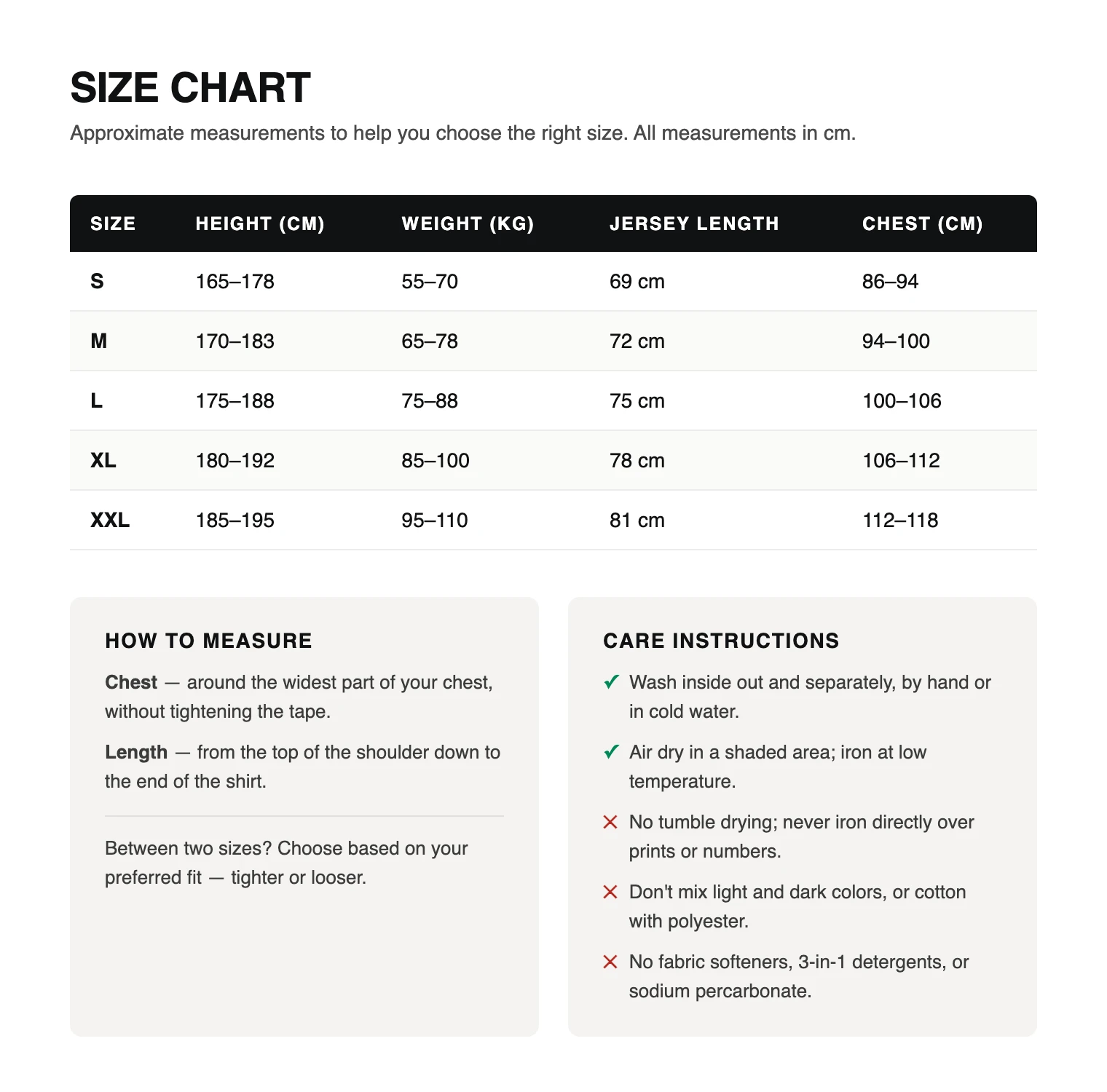 Size chart with measurements in centimetres